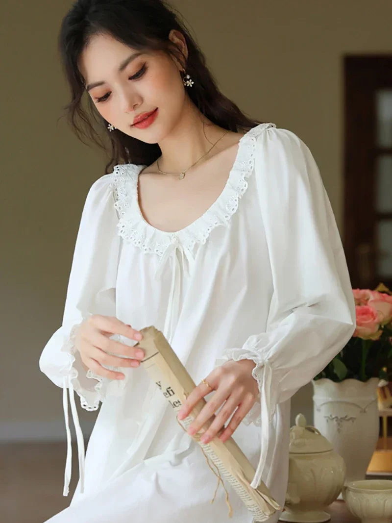 Female Ladies Ruffles Long Sleeve Cotton Princess Nightgown for Women Spring Sweet Loose Sleepwear Victorian Nightwear