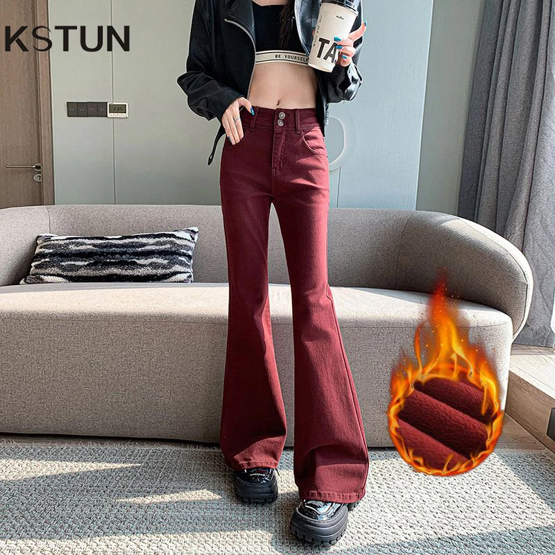 

Зимние узкие флисовые джинсы с расклешенной талией для женщин, теплые толстые брюки винно-красного цвета, расклешенные эластичные джинсовые брюки с двойной пряжкой
