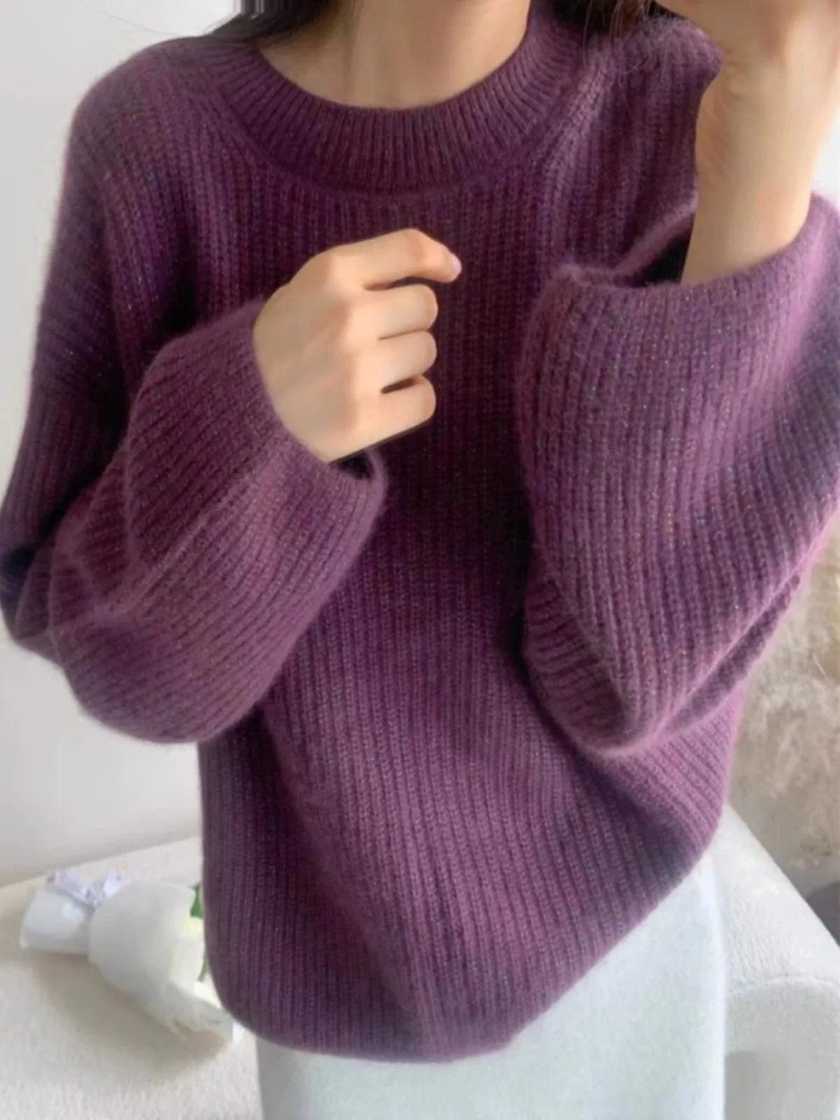 

Foreign style with loose puffed sleeve cashmere sweater women's autumn winter round neck sweater knitted wool base shirt