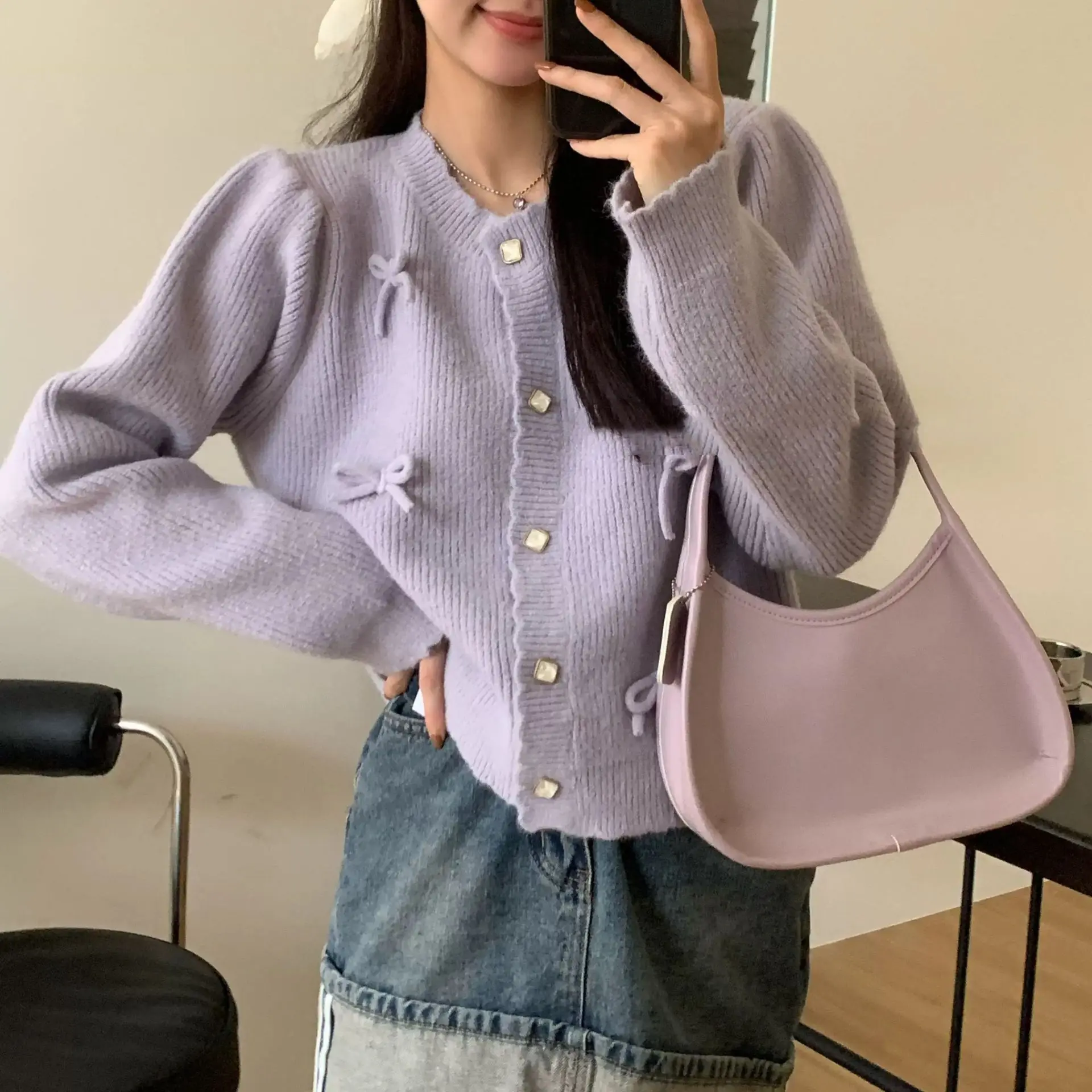 

Korean Style Bow Embroidered Women'S Purple Y2K Preppi Gentle Forest Three-Dimensional Bow Knitted Cardigan Jacket Sweater