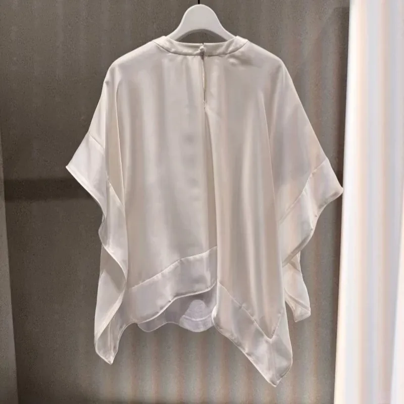 SAC Japanese 2026 Contrasting Square Towel Splicing Casual Loose Crew Neck Short Sleeve Top