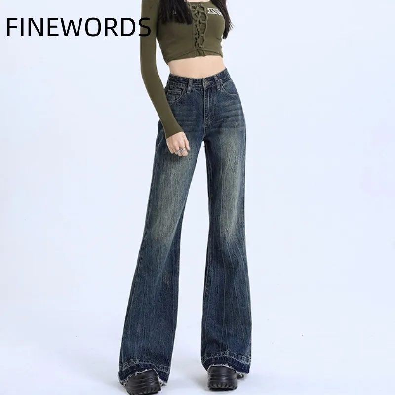 FINEWORDS Vintage High Waist Flared Jeans Women Korean Casual Streetwear Korean Boot Cut Jeans Loose Bell Bottom Denim Pants