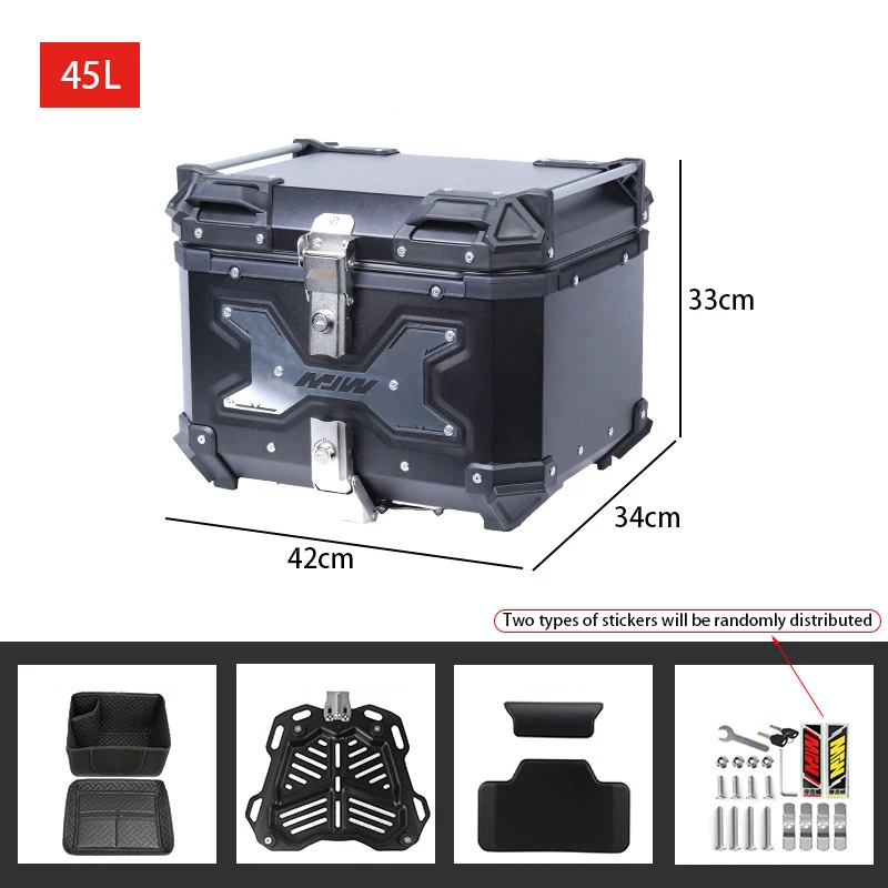 Black Universal 45L Motorcycle Top Case Aluminum Motorcycle Trunk Tour Tail Box w/ Security Lock for Store Helmet Large Luggage