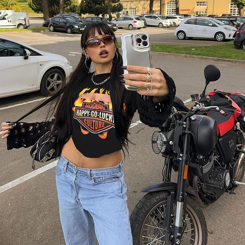 

Women's summer T-shirt 2024 streetwear graphic t shirts Printed crop top Youthful Cropped Short sleeve tee sexy cutout pulovers