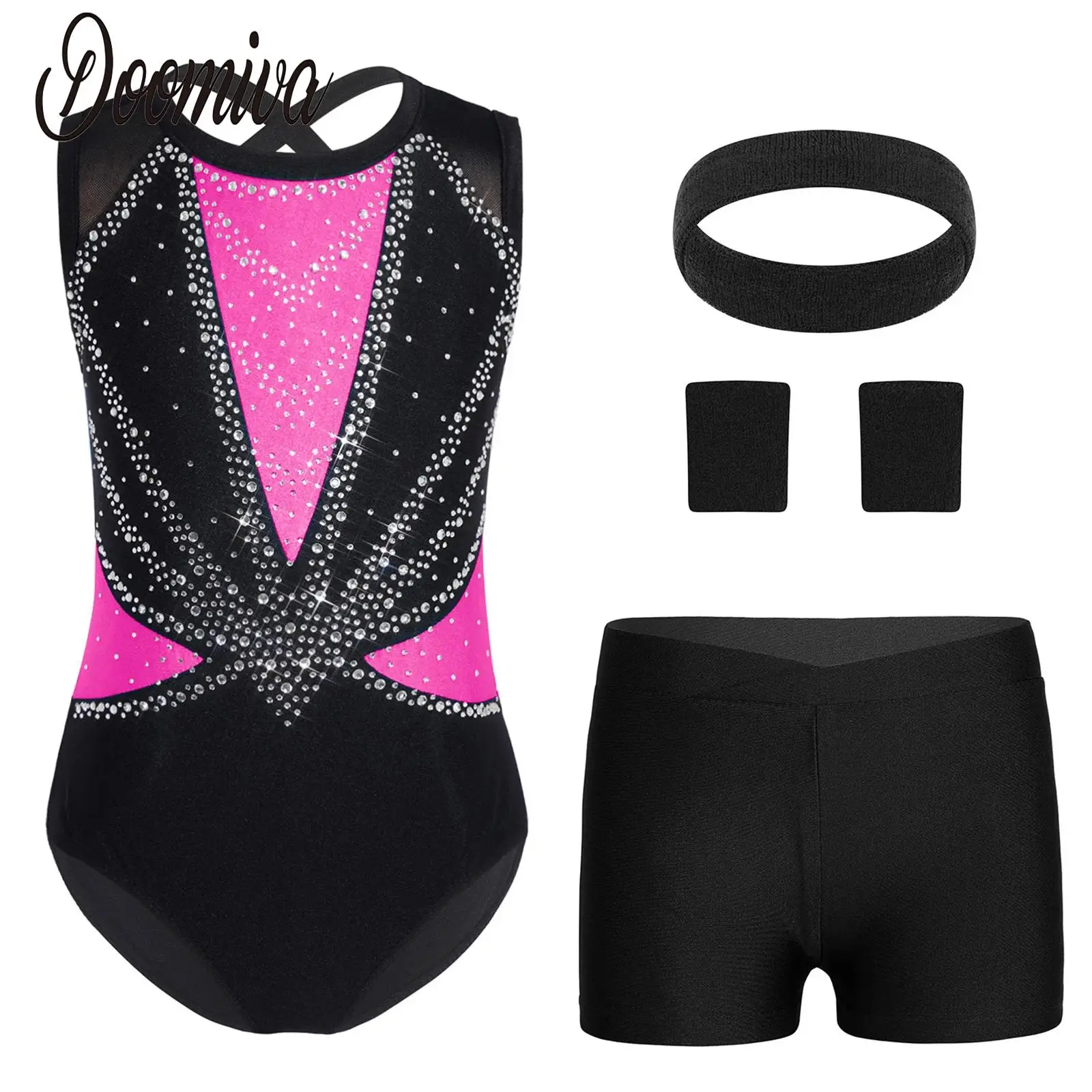 

Kid Girls Bodysuit Shorts Ballet Outfit Rhythmic Gymnastics Cheerleader Costume Dance Leotard and Sports Headband Wristbands Set