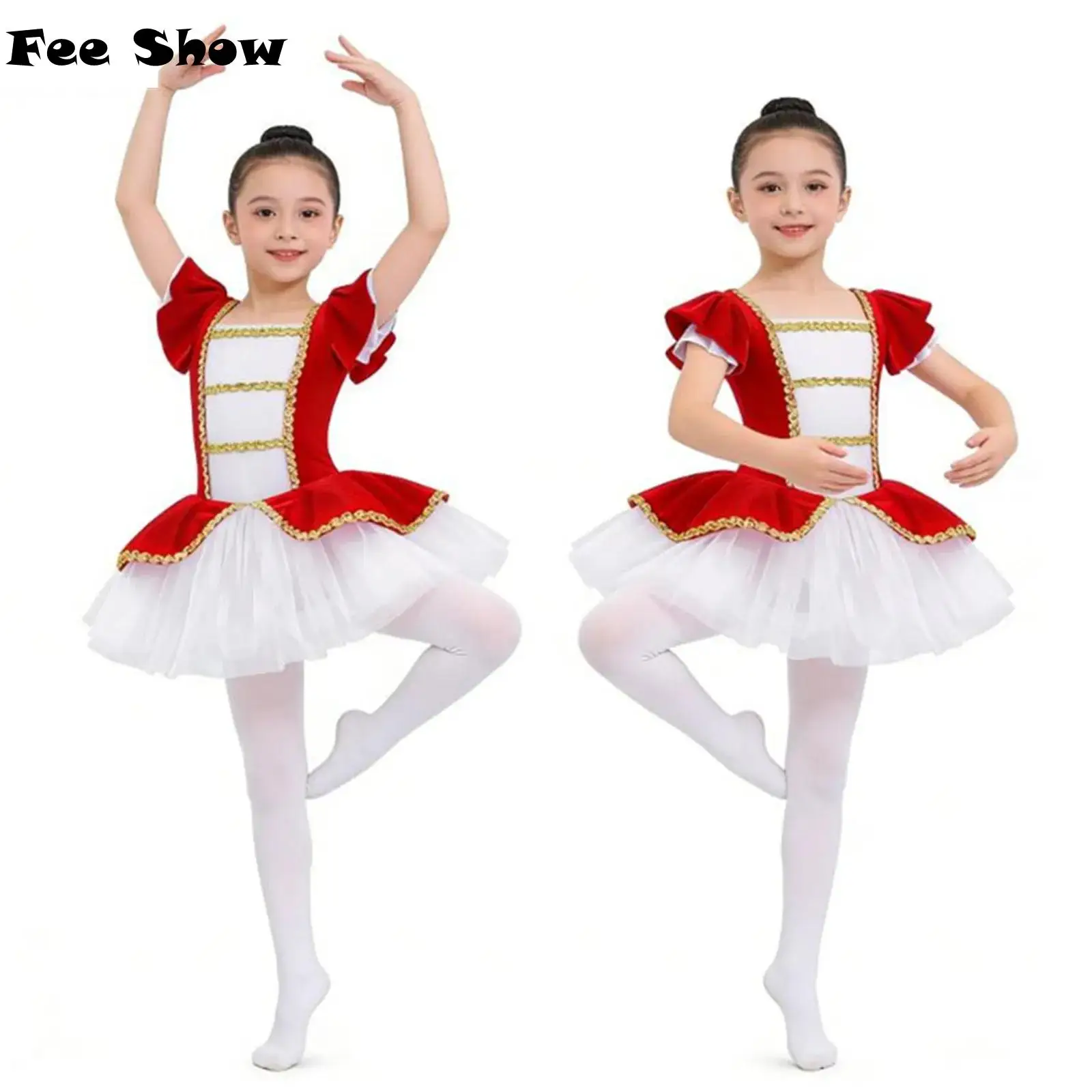 Kids Girls Velvet Ballet Tutu Performance Costume Short Sleeves Dance Jumpsuit with Sequins Adorned Mesh Hem Christmas Dress