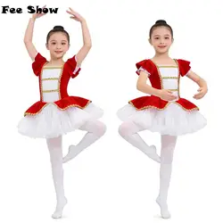 Kids Girls Velvet Ballet Tutu Performance Costume Short Sleeves Dance Jumpsuit with Sequins Adorned Mesh Hem Christmas Dress