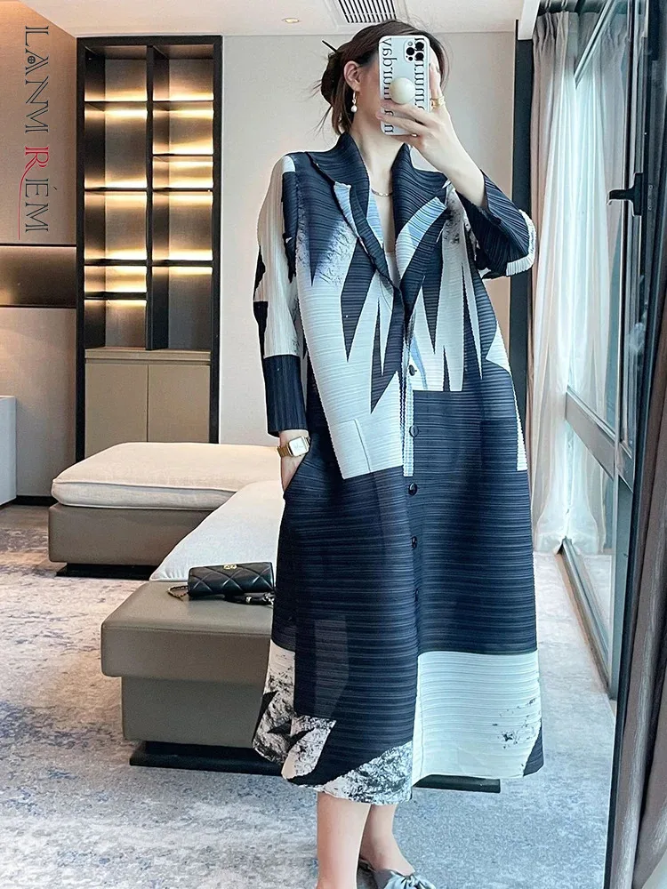 LANMREM Geometric Pattern Printing Dress For Women Notched Long Sleeves Single Breasted Pleated Dresses 2024 New Clothing 2Z1216