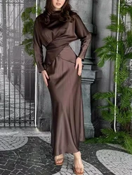 Elegant High Waist Satin Skirt Outfit Casual O-neck Criss-Cross Long Sleeve Top & Long Skirt Suit Fashion Lace-up Draped Suits