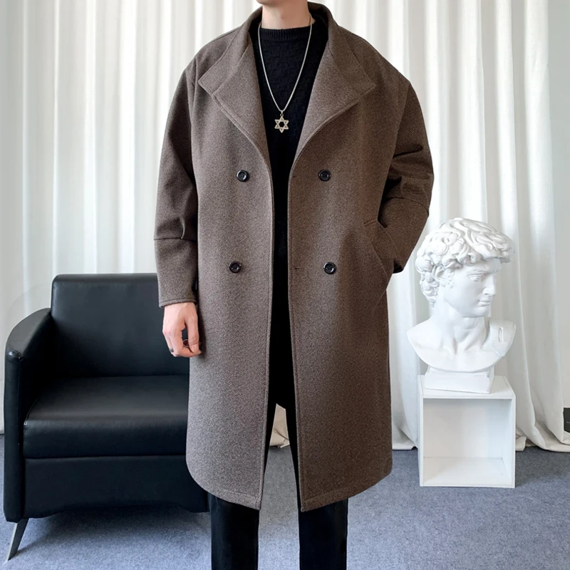 Korean Trend Men's Lapel coat Loose  Casual Double-breasted Overcoat Autumn Winter Fashion New Long Sleeve Woolen Coat