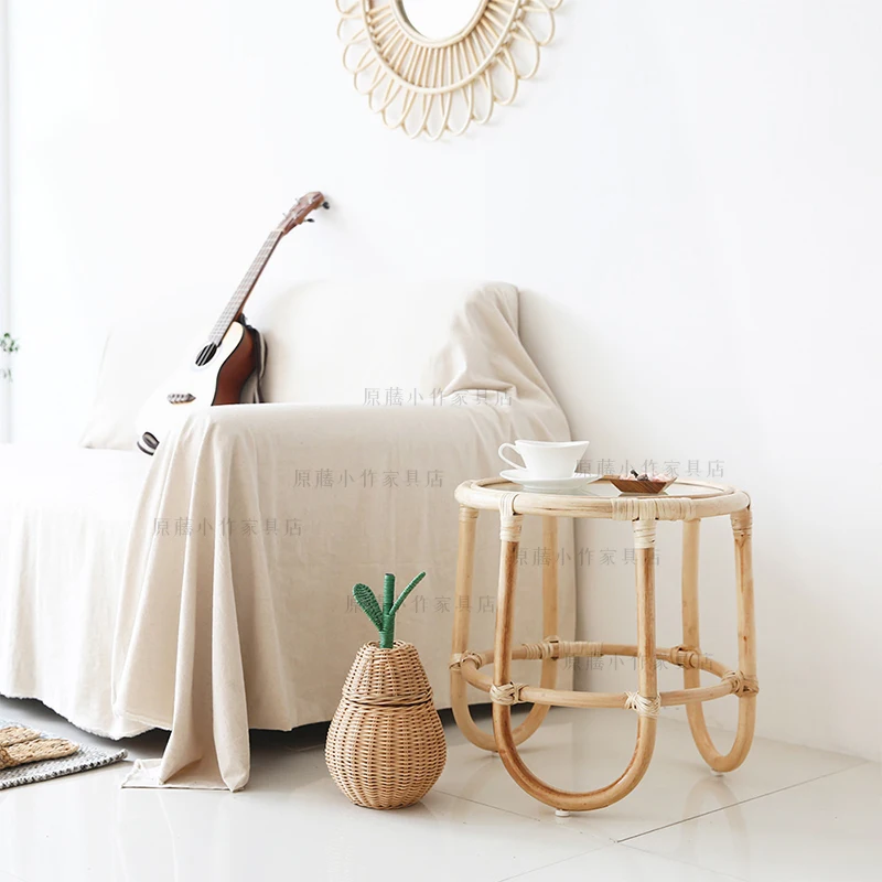 Vine-woven small coffee table handmade rattan woven rattan wood glass side a few small living rooms sofa bedroom.