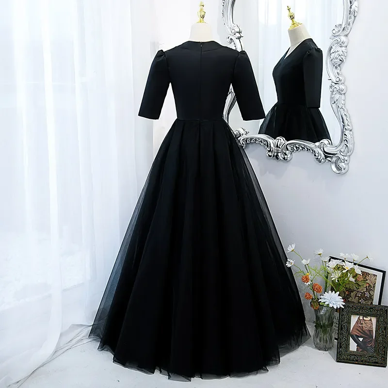 Evening Dress Elegant Half Sleeves Simple V-Neck Empire Floor-Length Zipper Back A-Line Black Party Formal Dresses Woman B1292