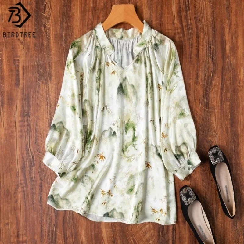 

Рубашка BirdTree из 100% шелка с принтом, женская жаккардовая атласная свободная черная блузка с рукавами-фонариками и v-образным вырезом, новинка 2025 года T57125JF