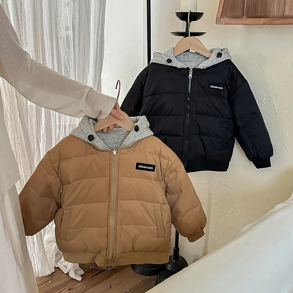 Winter Kids Cotton Coats Thick Warm Fake Two Pieces Hooded Quilted Jacket Childre Clothes Boys Girls Double-sided Wear Outerwear