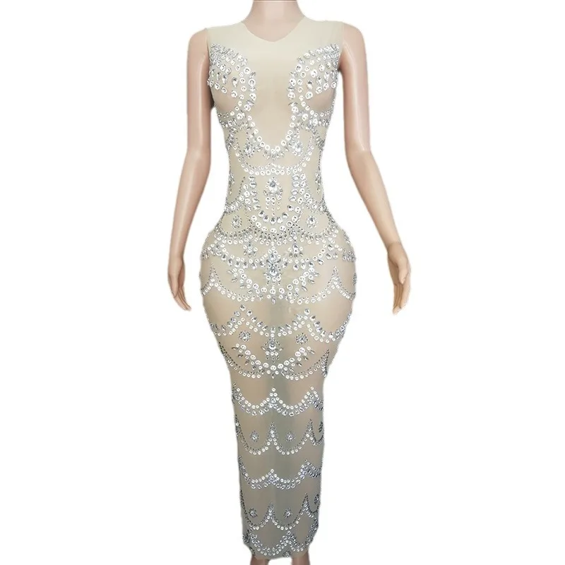 

Summer Apricot Mesh Sleeveless Long Dress - Embellished With Shiny White Diamonds Low Round Neck, Elegant Style Dazzling Dresses