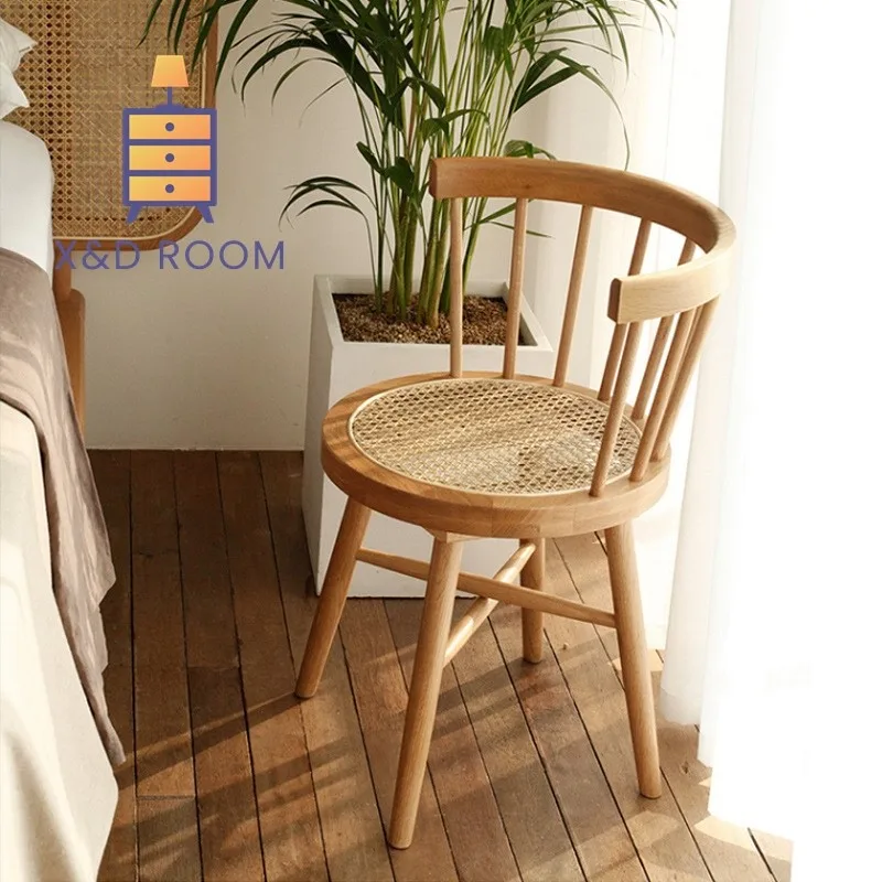 X&D Nordic Japanese Style Solid Wood Wicker Windsor Dining Chair Home Retro Leisure Backrest Chair Solid Wood Wicker Round Chair