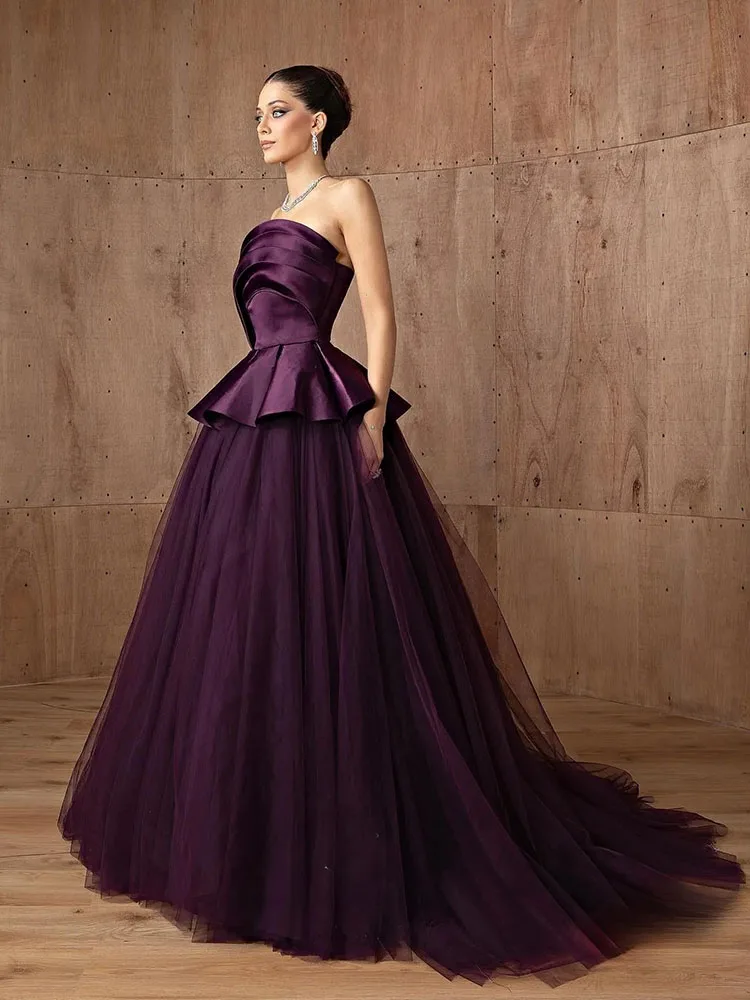 فستان سهرة رسمي من LAYXHS باللون الأرجواني بدون حمالات مكشكش على شكل حرف a فستان للحفلات الراقصة مخصص من Fساتين Sheer