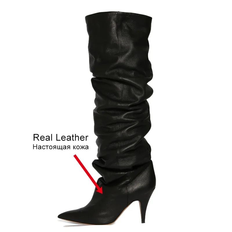 JOZHAMTA Size 32-43 Women Ruched Boots Knee High Real Leather Sexy Pointy Stiletto High Heels Winter Shoes Fall 2025 Long Boots