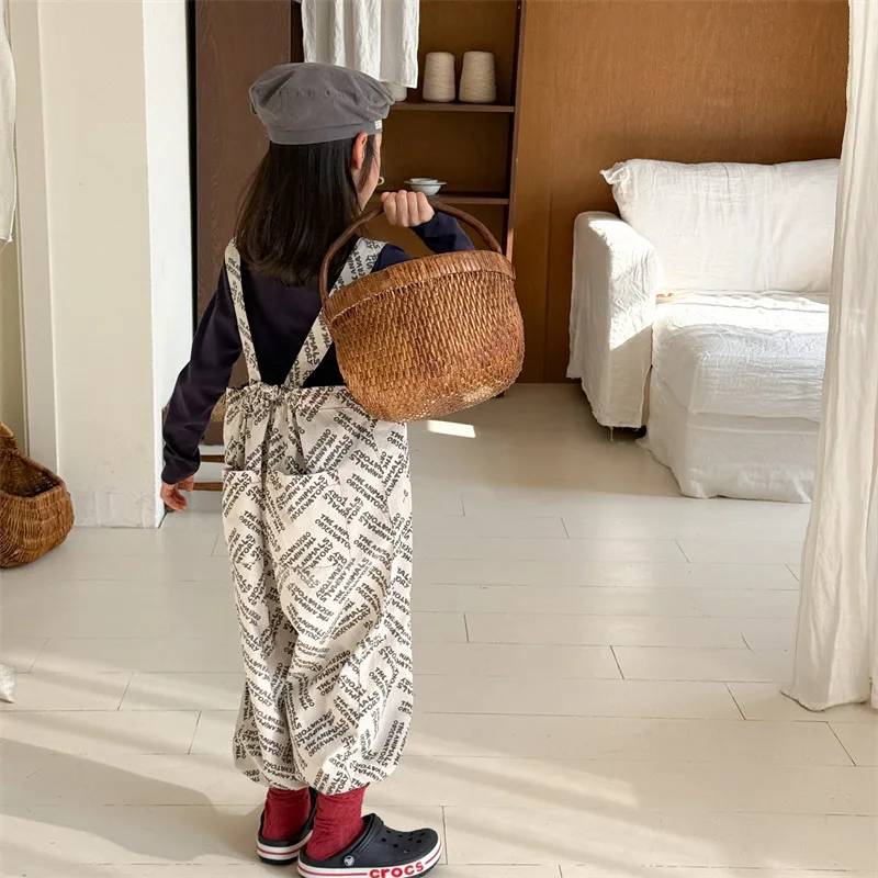 2025 Autumn New Children Loose Overalls Cotton Baby Girls Solid Strap Trousers Boys Versatile Casual Pants Kids Clothes