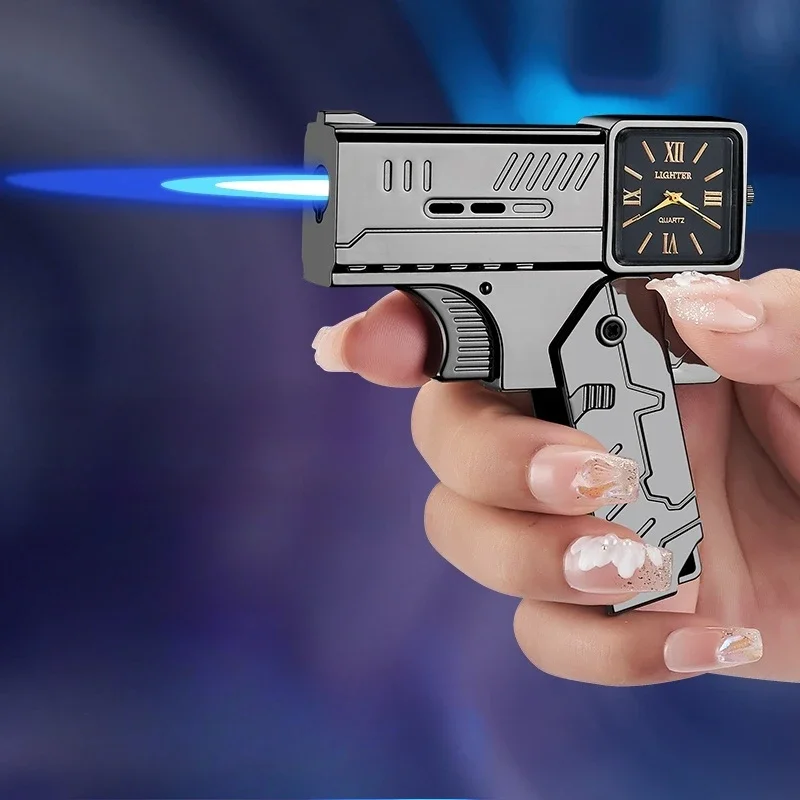 Cool Folding Spray Gun Lighter with Watch , Butane Torch Windproof Jet Blue Flame Metal Lighter, Unique Smoking Accessories