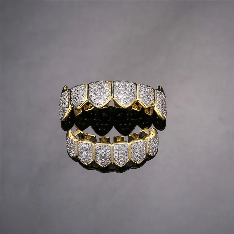 Feel Style Iced Out Teeth Grillz Set für Unisex Zirkonia Micro Pave Top Bottom Box Verpackung Hip Hop Schmuck für Männer Frauen