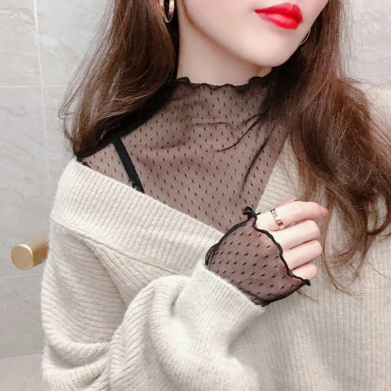 

Женский топ Bla Lace Base с высоким воротником, длинный, для весны и осени, модный, сексуальный, в корейском стиле, для ношения под одеждой