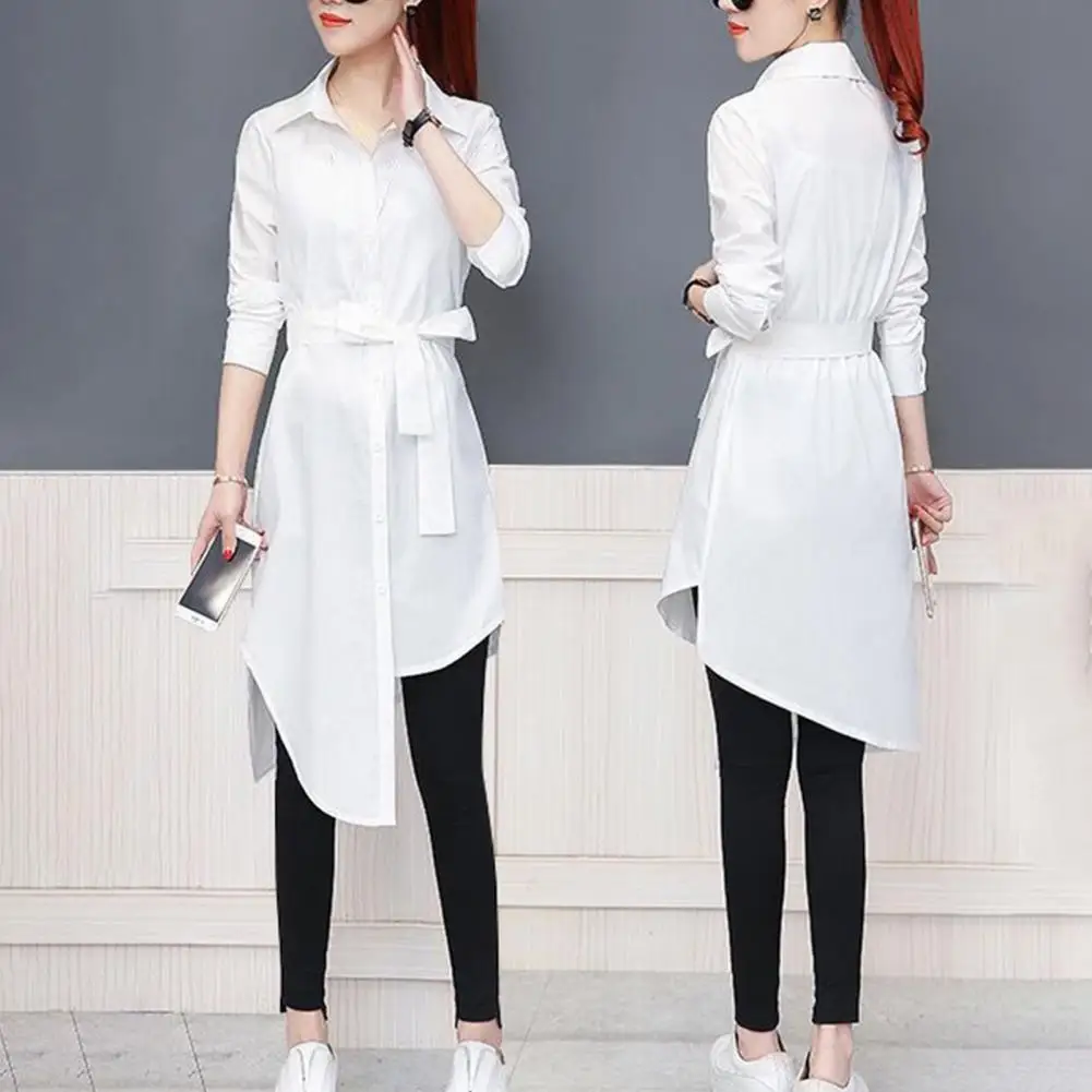 

Irregular Hem Tied Belts Women Shirt Oversized Elegant solid color Mild-length Dressing Up Long Sleeve Loose Shirt Lady Tunics