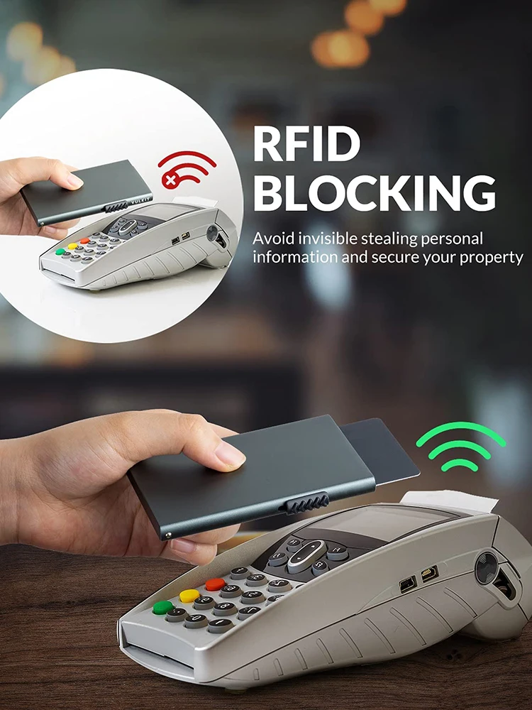 Kartenetui, minimalistisch, schlank, Metall, RFID-blockierender Kartenschutz, Pop-Up-Kreditkarten-Geldbörsen für Herren – Detail 4