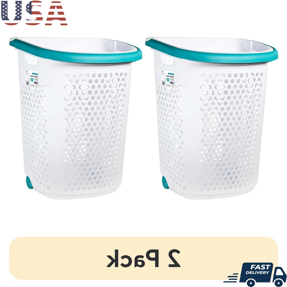 

2 Pack Rolling Laundry Hamper with Wheels Pop Up Handle Large Capacity Storage Basket Home College Dorm Room Garage