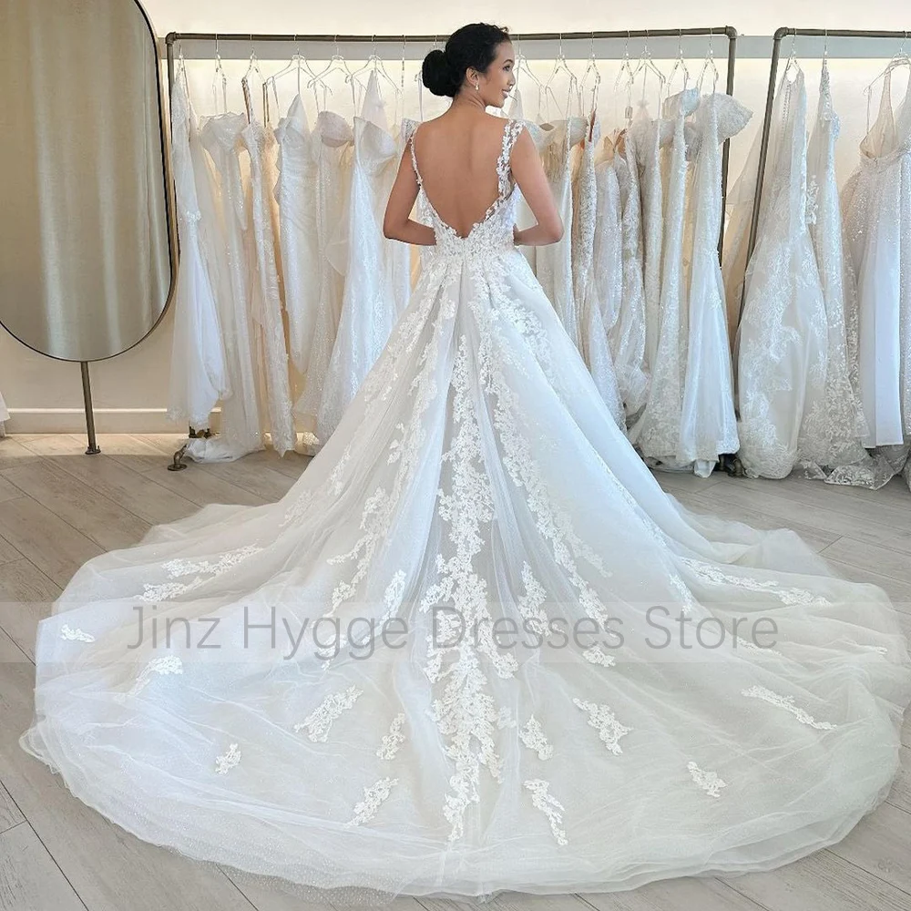 Vestido de novia de lujo con apliques de color marfil, vestidos de novia con purpurina y escote redondo de tul para novia, vestidos de novia con cola de corte sin espalda