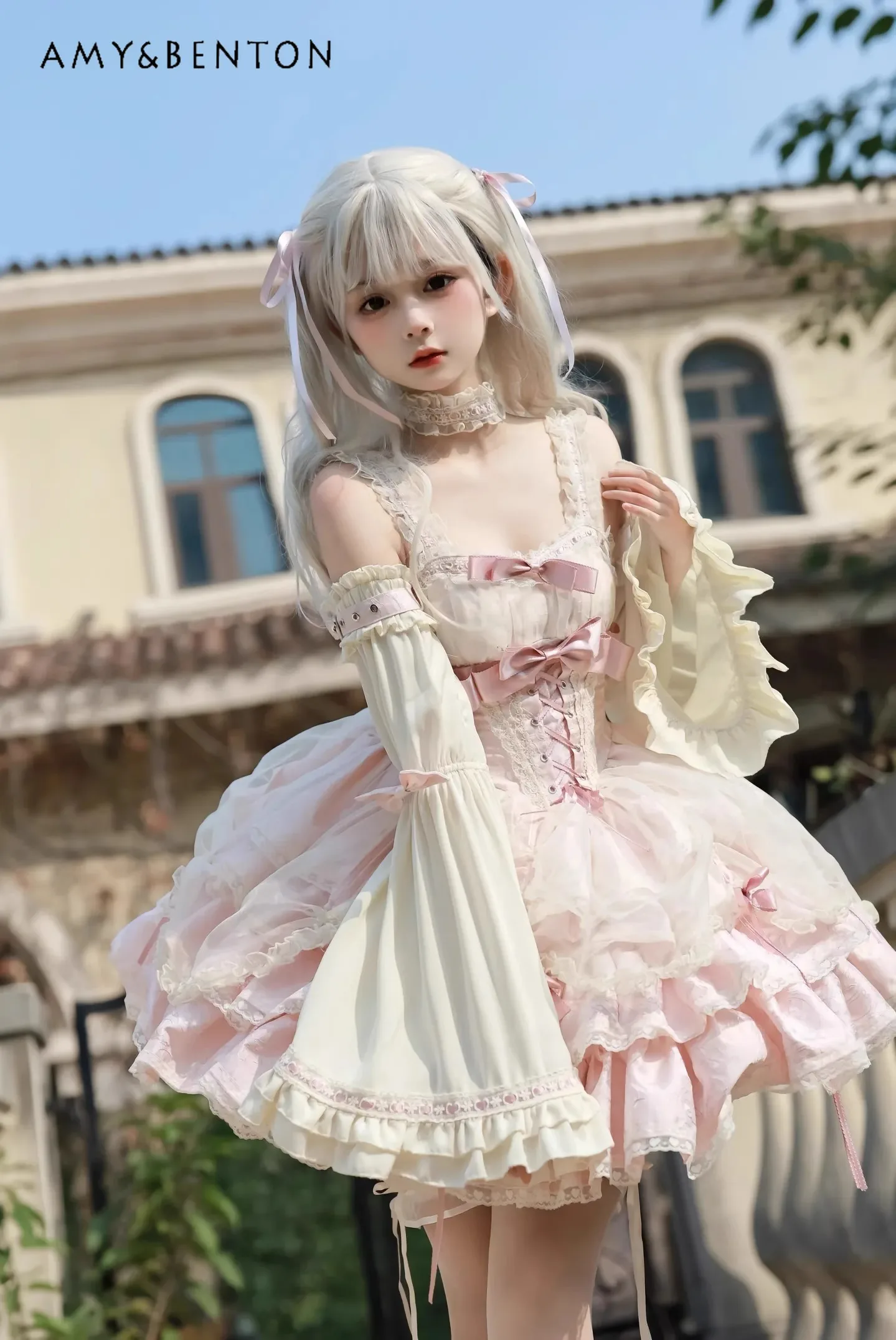 

2025 Summer New Hot-Selling Lolita Red Green Blue Slim Strap Dress Versatile Neck Accessories Sleeve Bustle Set