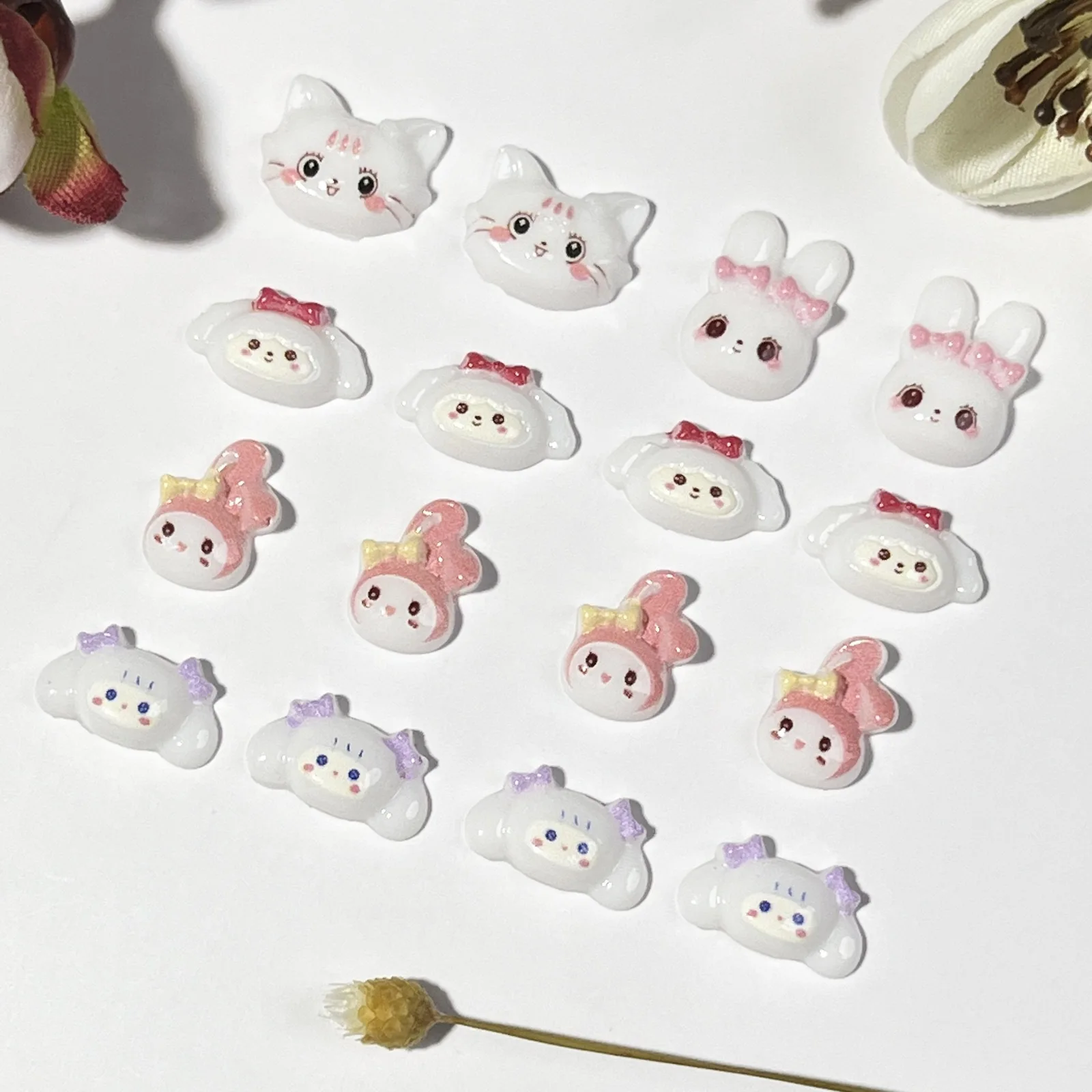 20pcs miniso cute sanrio rabbit cartoon nail charms for diy nail making cute mini resin flatback nail art decoreation