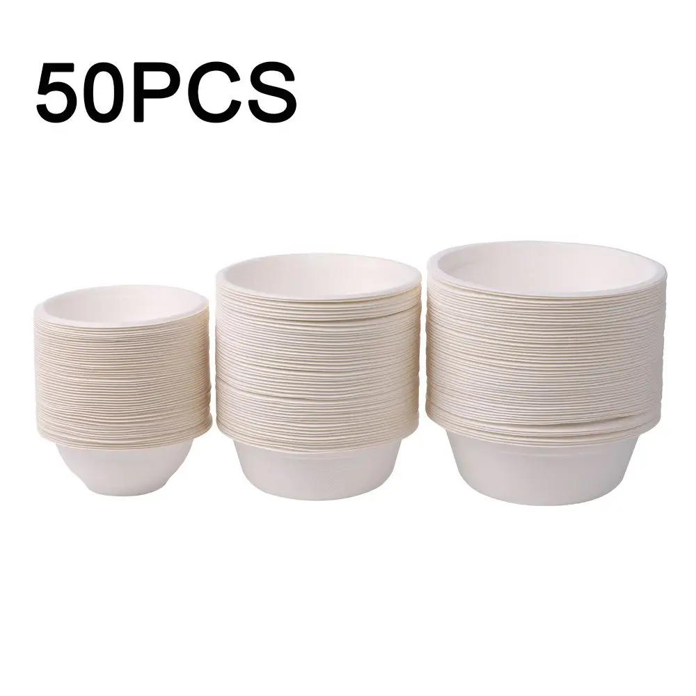 50Pcs/Pack 220/350/500ml Disposable Dinnerware ECO-Friendly White Paper Bowl Disposable Tableware Outdoor Party Dining Supply
