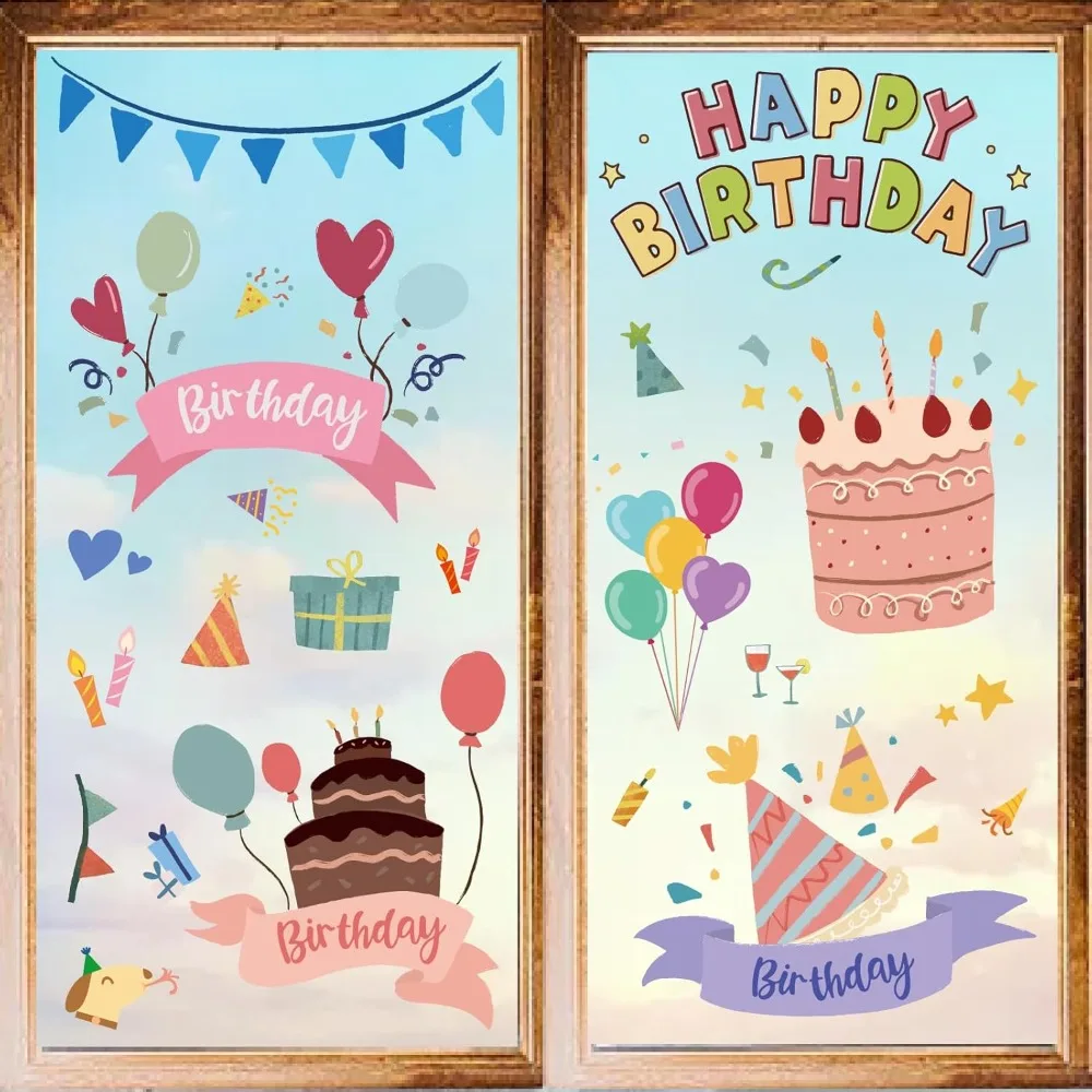 8 Sheets Birthday Cake Wall Stickers Balloon PVC Wall Decals Waterproof Self Adhesive Vinyl Window Cling Peel