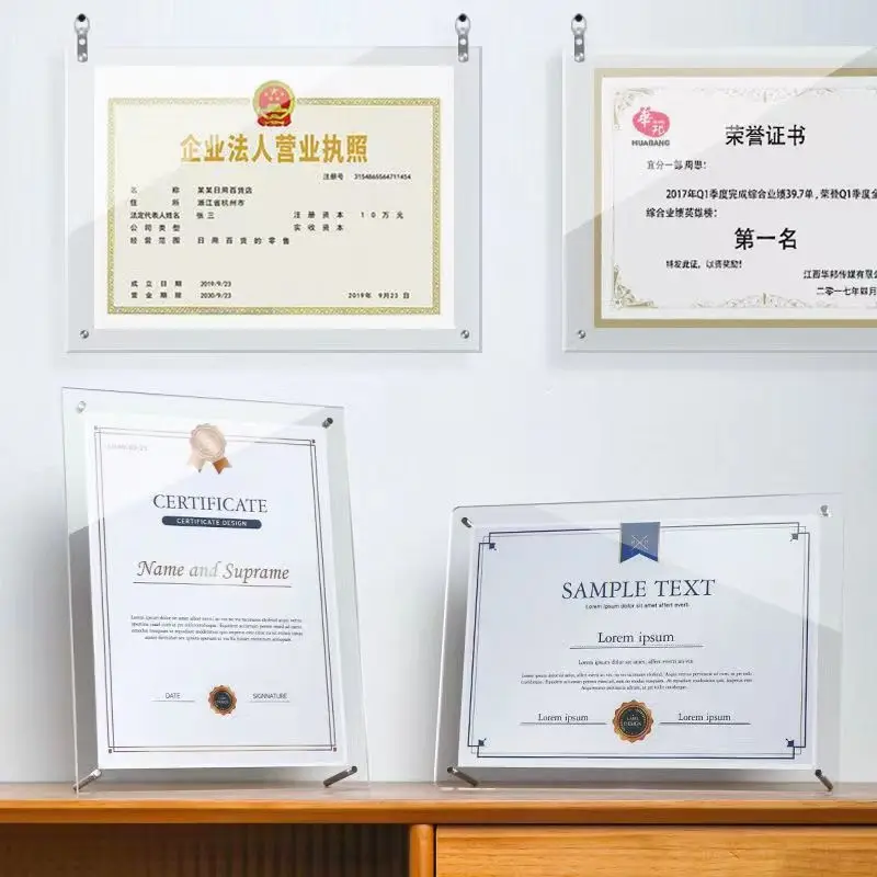 Acrylic Table Transparent Photo Frame 6Inch Wall Hanging A4 Business License Frame Authorization Certificate Frame Display Frame