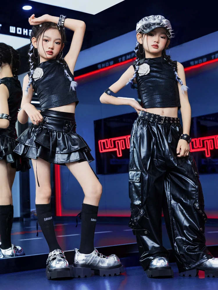 Mädchen Hip Hop Silber Crop Top Glänzende Leder Hosen Kind Kpop Streetwear Goth Rock Kind Jazz Mädchen Gruppe Street Dance Kleidung Set