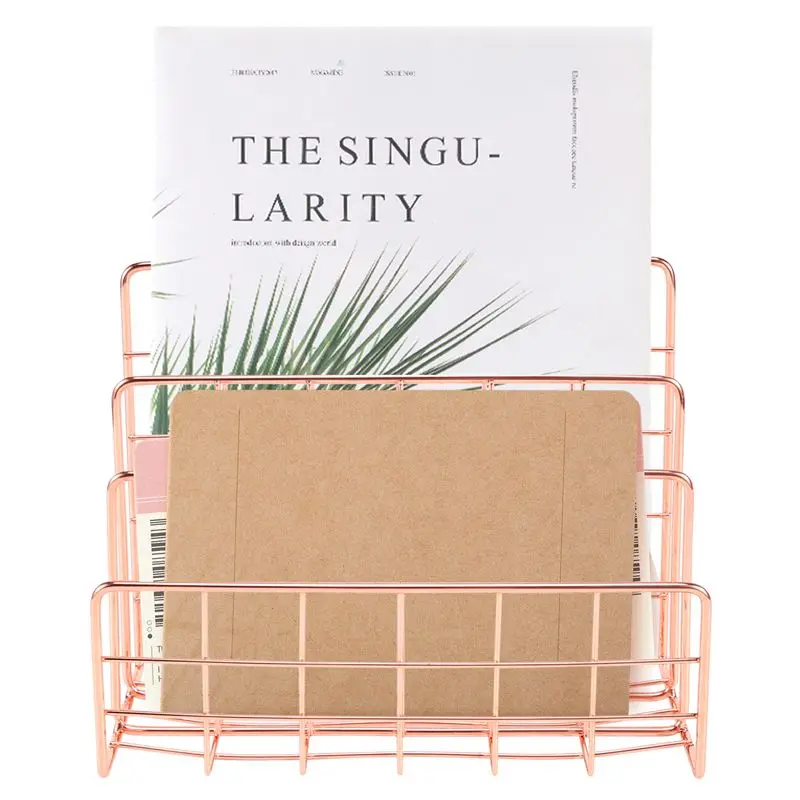 AS94-Bookshelf Office Desktop Rose Gold Metal Book Block Three Layer Desktop Magazine Shelf Book Holder