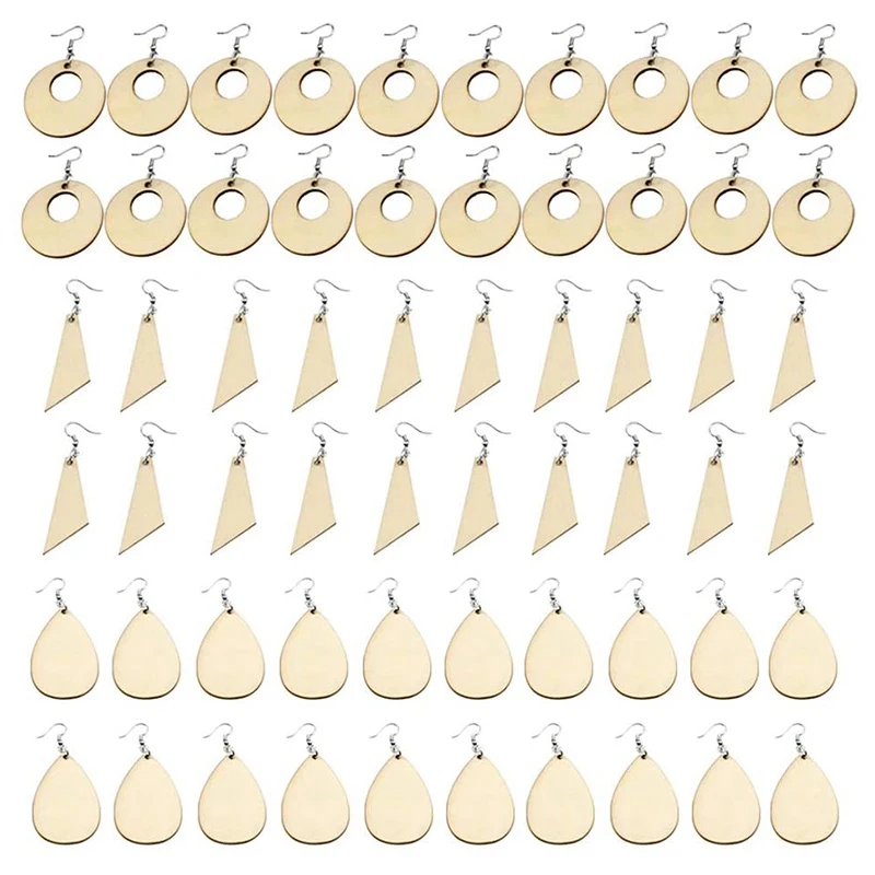 60Pcs Unfinished Wood Blank Earrings With Holes And Earrings Hooks For DIY Jewelry Making