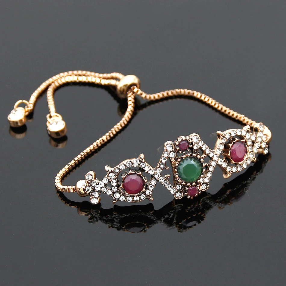 Vintage Women Slide Chain Bracelet Turkish Crystal Bracelet Antique Gold Color Hollow Geometric Type Bridal Wedding Jewelry Gift