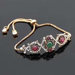 Vintage Women Slide Chain Bracelet Turkish Crystal Bracelet Antique Gold Color Hollow Geometric Type Bridal Wedding Jewelry Gift
