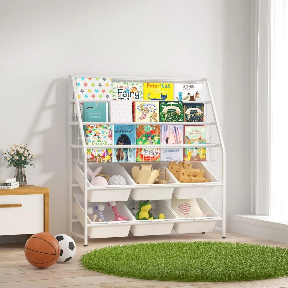 JAQ-Bibliothèque pour Enfants avec Bacs de Rangement, Bibliothèque en Métal à 6 Niveaux, T1 sur Présentoir avec Boîtes de Rangement, Salle d'Étude