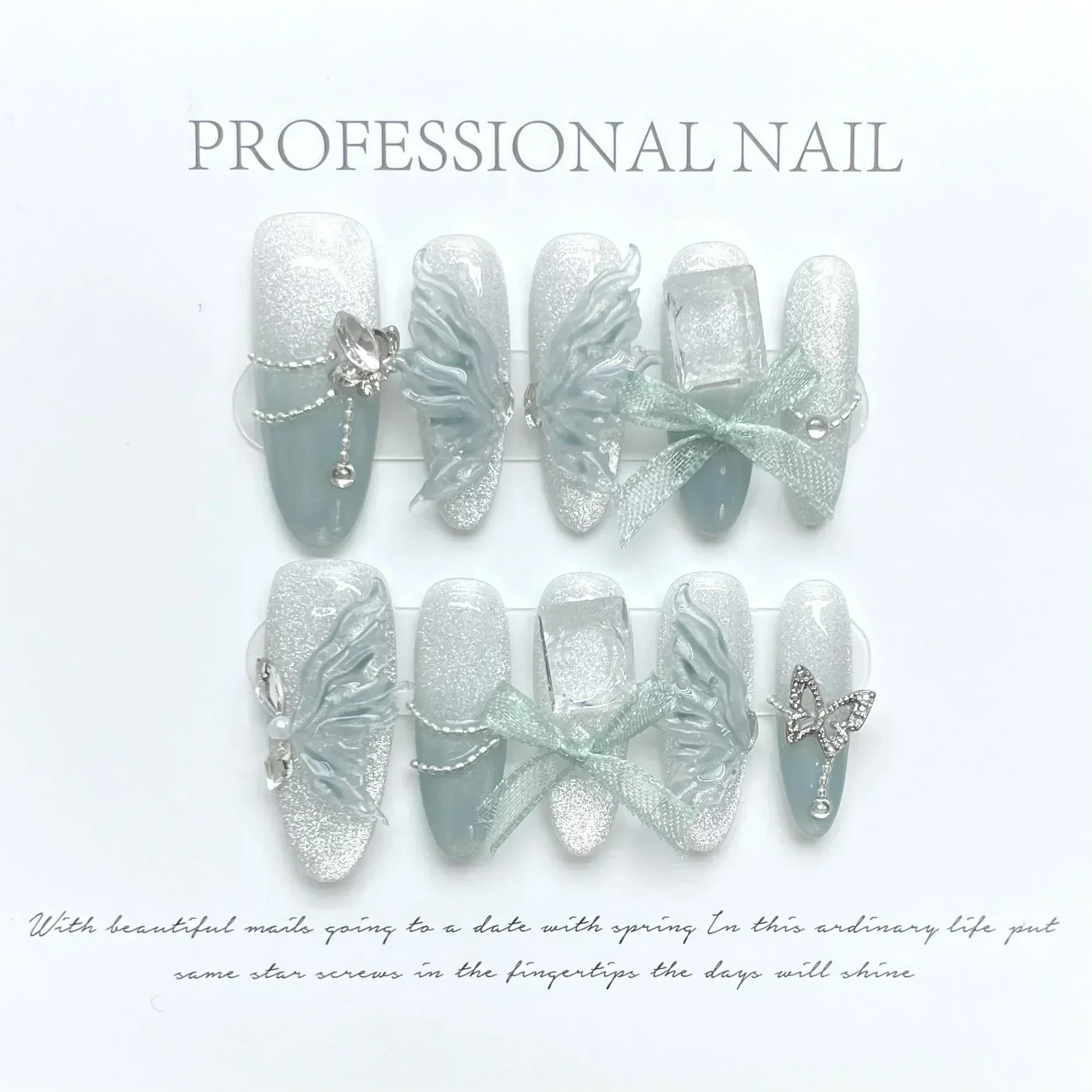 10Pcs Long Handmade Press On Nails Full Cover Ribbon Bow Butterfly Rhinestone Design False Nails Manicure Wearable Nail Tips Art