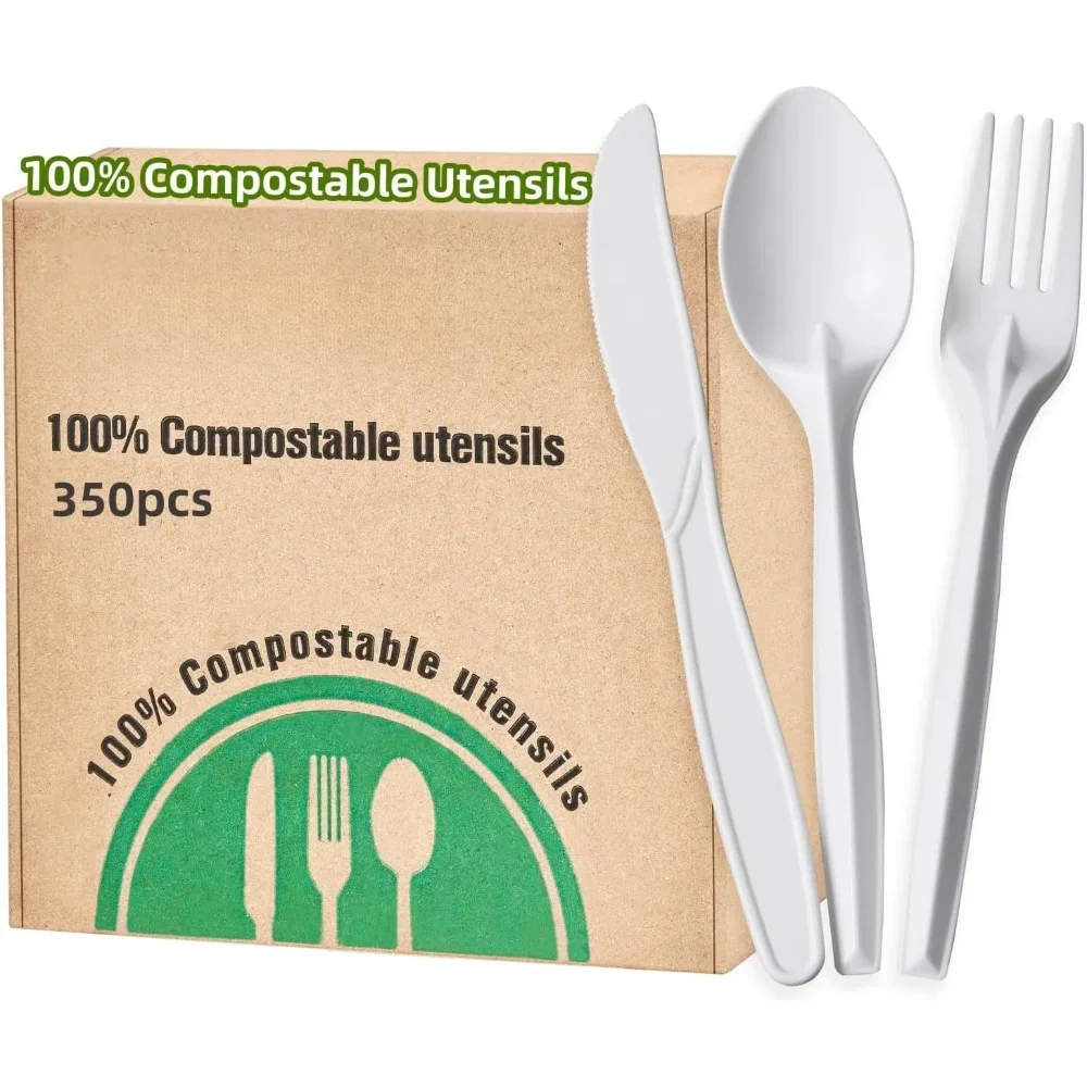 

350pcs Compostable Cutlery Set Eco-friendly Heavy Duty Compostable Utensils Disposable silverwar No Plastic Biodegradable Utensi