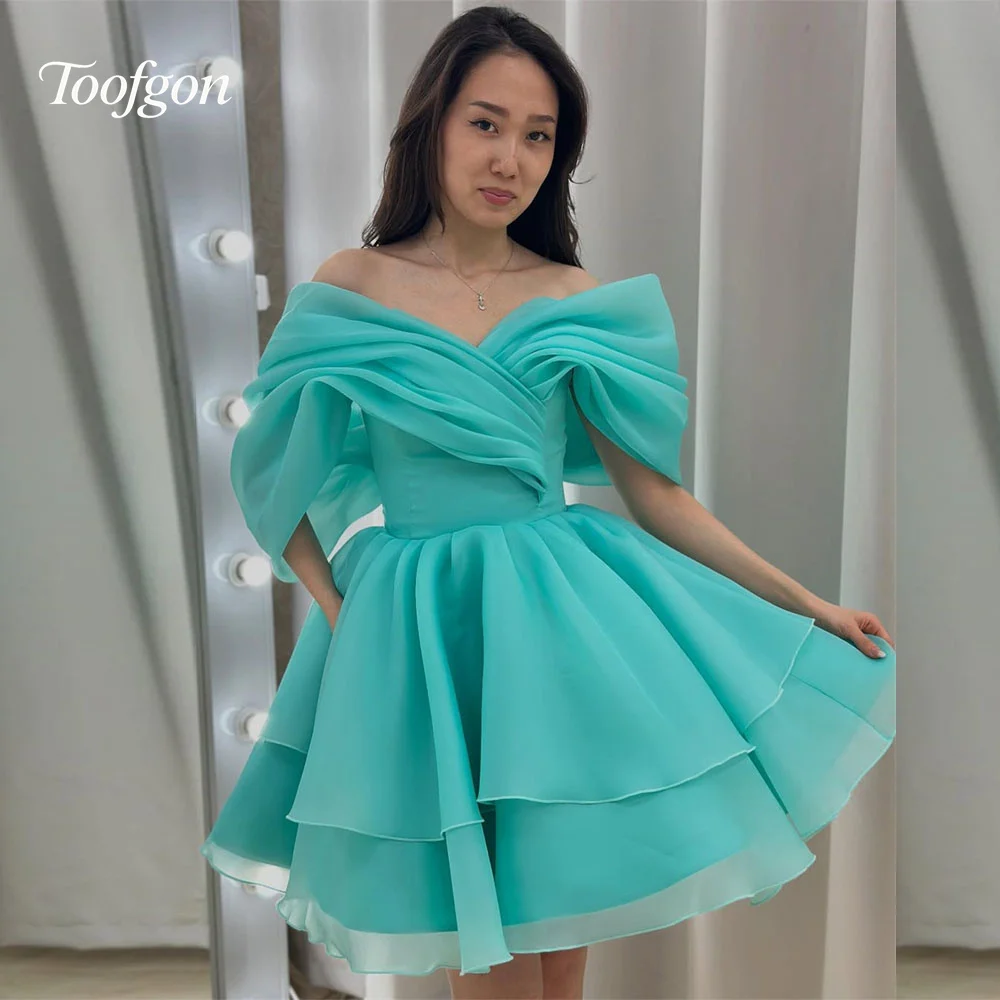 

Toofgon Green Short Prom Dresses Sexy Off Shoulder Organza Wedding Party Dress Lace Up Back Backless Cocktail Dresses Customized