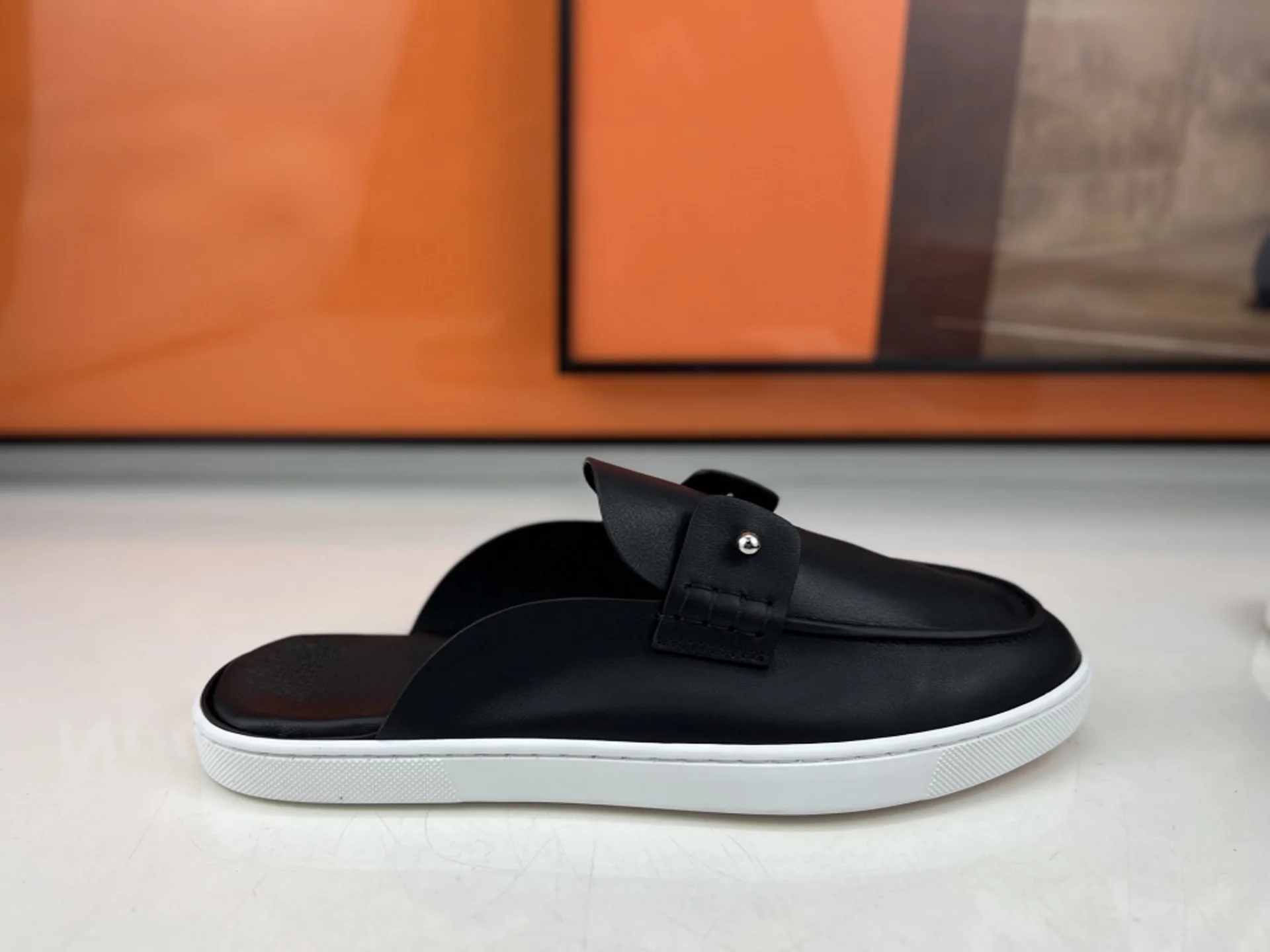 Luxury Blue Leather Mule Loafers, Men Metal Buckle Shoes Slip On Loafers, Red Bottom Casual Backless Flat Slipper Shoes Summer