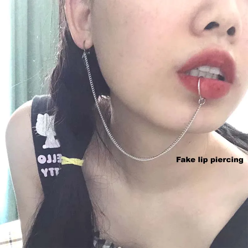 1Lot Goth Fake Lip Piercing Chain Ear Piercing Anime Cosplay Prop Jewelry Stainless Steel Ear Hoop Clip No Pierced Punk Harajuku