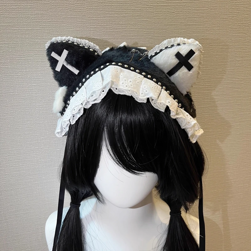 

Женская винтажная повязка для волос с крестом Y2k и кошачьими ушками, готическая Лолита, Харадзюку, панк, повязки для волос, обруч для волос, повязка на голову для косплея кролика