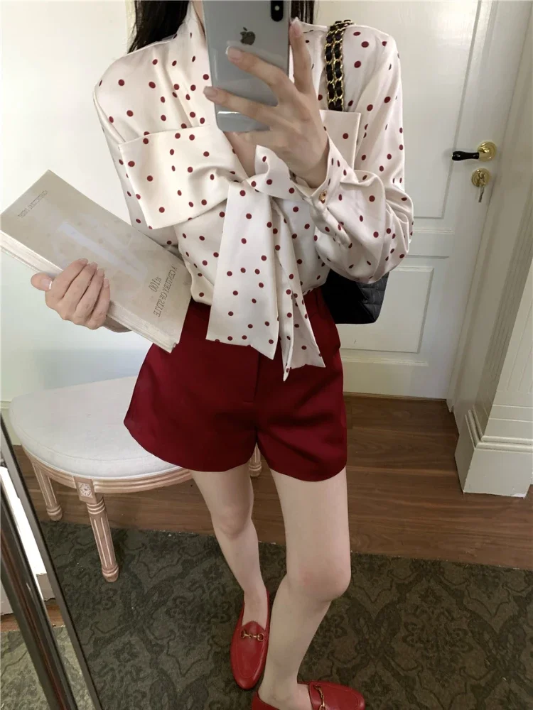 

ADAgirl Elegant Polka Dot Shirts for Women Beautiful Blouse with Tie Bow Office Ladies Korean Fashion Red Shorts Two Piece Set