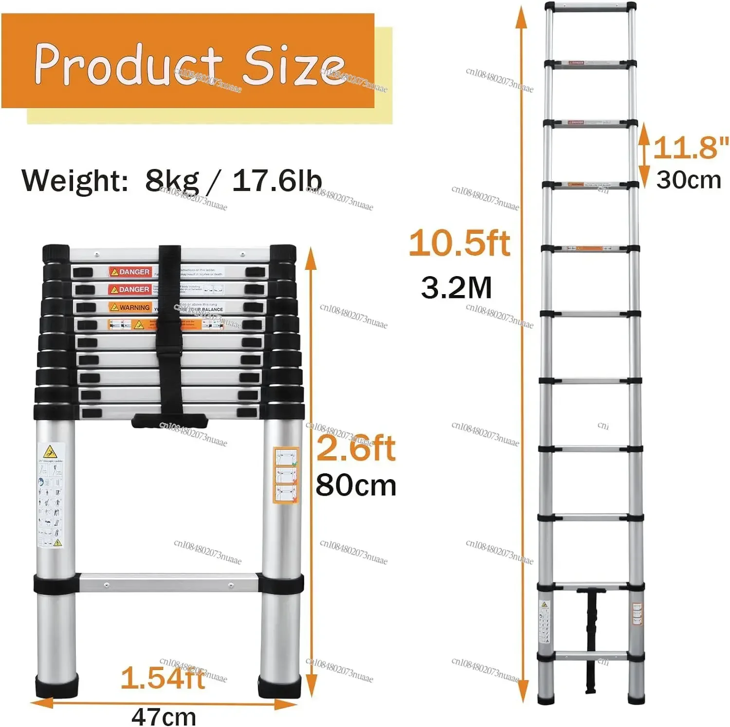 Aluminum Telescoping Ladder, Upgrade Your Ladder Collection with Our Portable, Adjustable Height, Space Saving!, 10.5ft