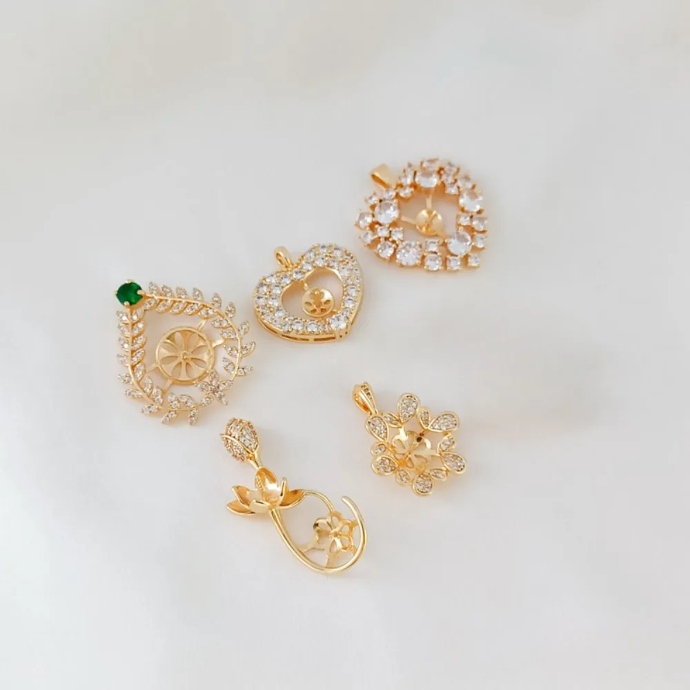 14K Gold-encrusted Zircon Lace Heart-shaped Flower Bud Pendant and Pearl Empty Stand Necklace Pendant Diy Accessory